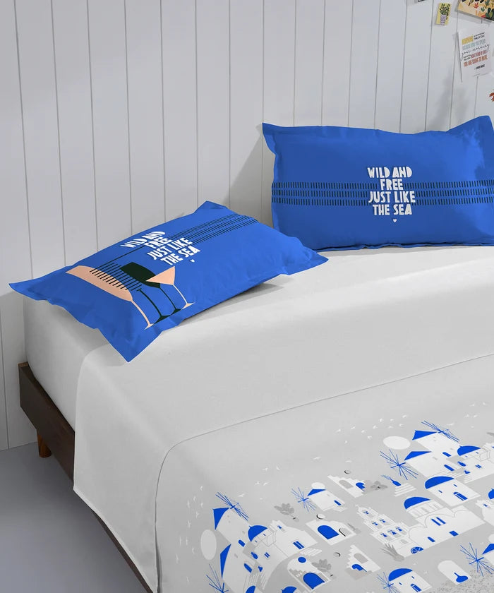 His & Her King Bedsheet Set, Soiree@Sea|144 TC Cotton| 2 Pillow Cover & 2 Cushion Covers