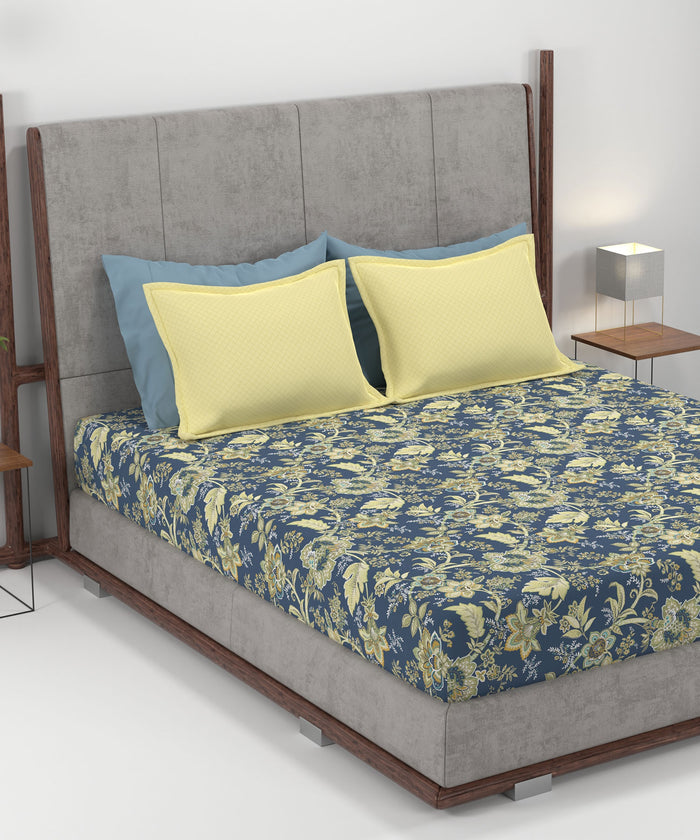 Home Essential King Printed Bedsheet, 144TC, 100% Cotton-Elaila Navy Blue