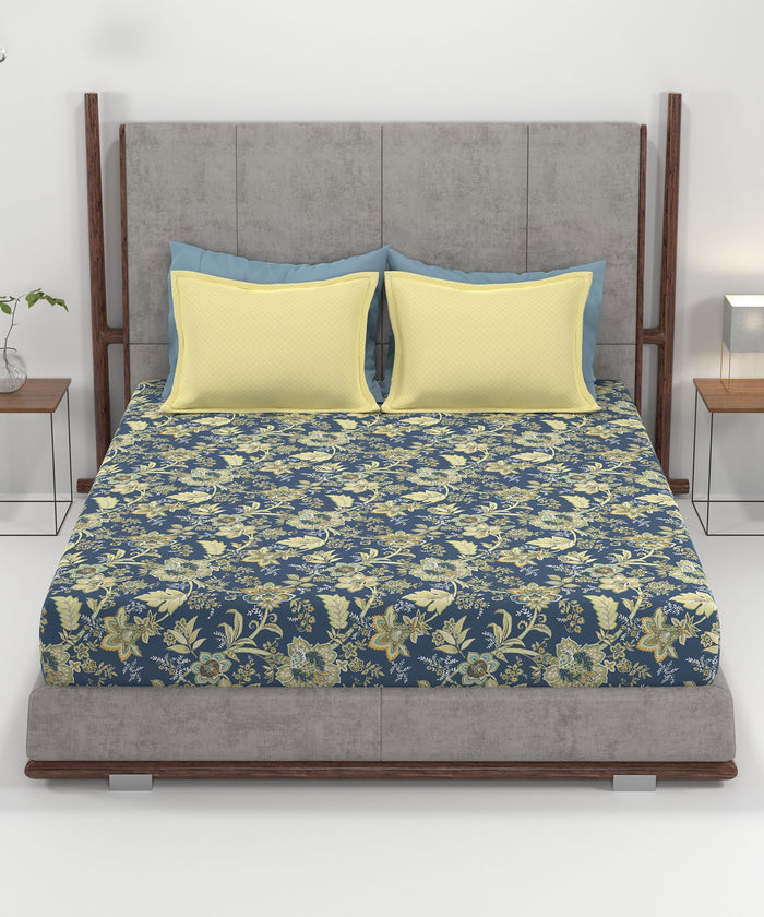 Home Essential King Printed Bedsheet, 144TC, 100% Cotton-Elaila Navy Blue