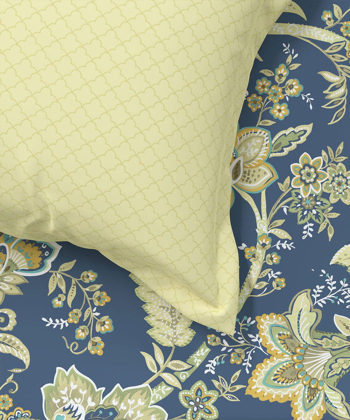 Home Essential King Printed Bedsheet, 144TC, 100% Cotton-Elaila Navy Blue