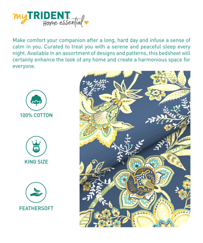 Home Essential King Printed Bedsheet, 144TC, 100% Cotton-Elaila Navy Blue