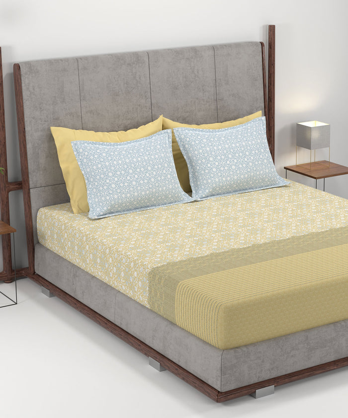 Home Essential King Printed Bedsheet, 144TC, 100% Cotton-Emaar Olive