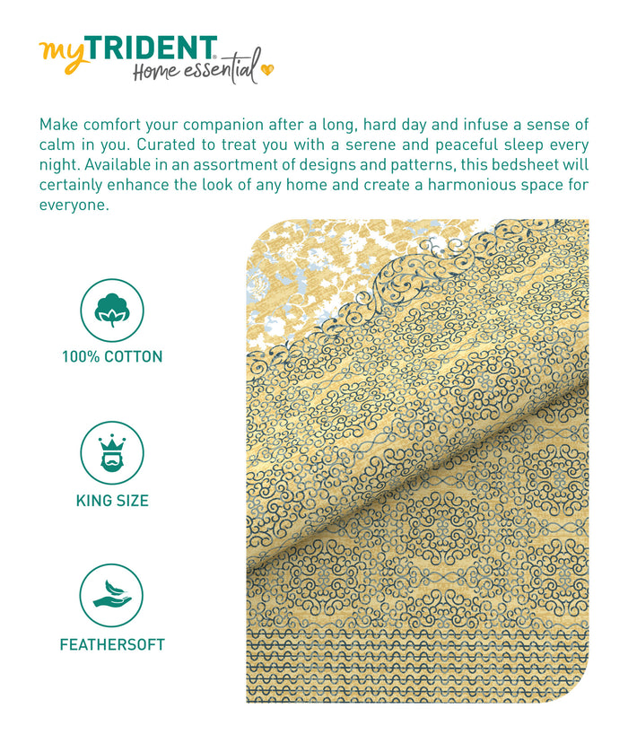 Home Essential King Printed Bedsheet, 144TC, 100% Cotton-Emaar Olive