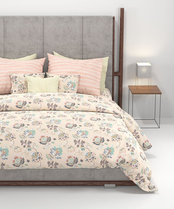 Home Essential King Printed Bedsheet, 144TC, 100% Cotton-Nayra Peach