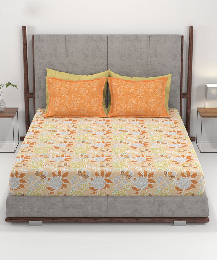 Home Essential King Printed Bedsheet, 144TC, 100% Cotton-Saher Orange