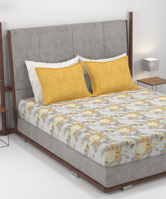 Home Essential King Printed Bedsheet, 144TC, 100% Cotton-Saher Yellow