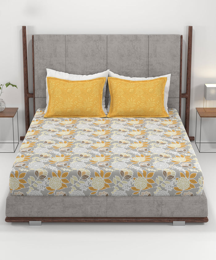 Home Essential King Printed Bedsheet, 144TC, 100% Cotton-Saher Yellow