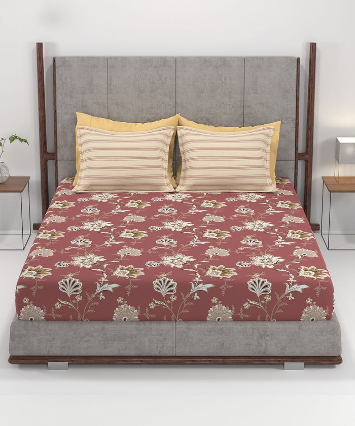 Home Essential King Printed Bedsheet, 144TC, 100% Cotton-Yasmin Red