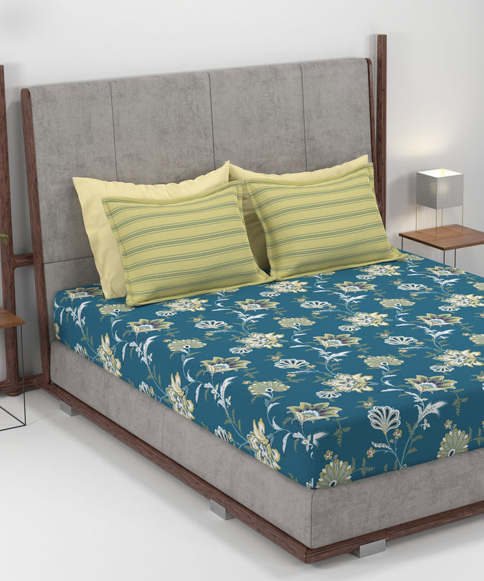 Home Essential King Printed Bedsheet, 144TC, 100% Cotton-Yasmin Teal