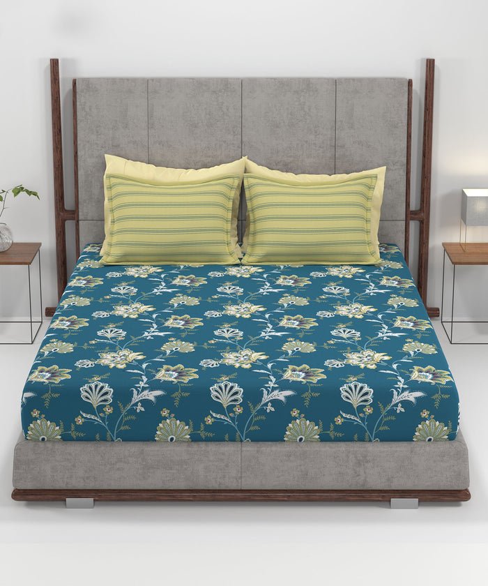 Home Essential King Printed Bedsheet, 144TC, 100% Cotton-Yasmin Teal
