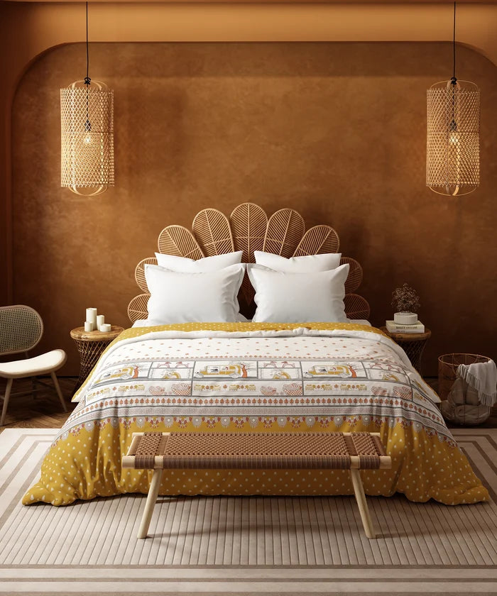 Home Essential Namaste Bharat Double AC Comforter, Shor Gul Yellow| 144 TC Cotton