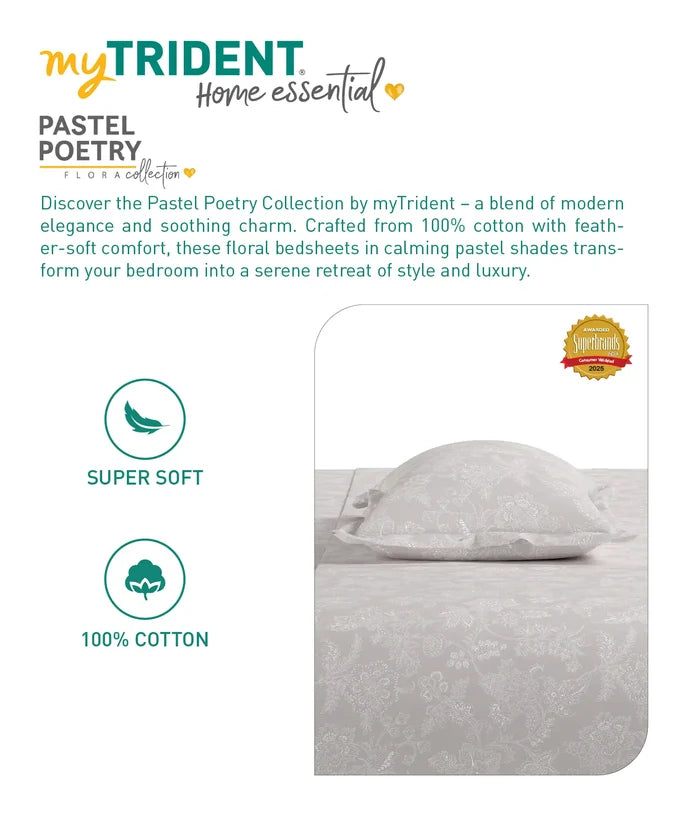 Home Essential Pastel Poetry Floral King Fitted Bedsheet, IRAJA PEPPER|144TC Cotton| 2 Pillow Covers