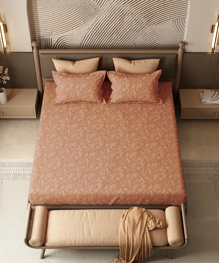 Home Essential Pastel Poetry Floral King Fitted Bedsheet, NITARA PAPAYA|144TC Cotton| 2 Pillow Covers
