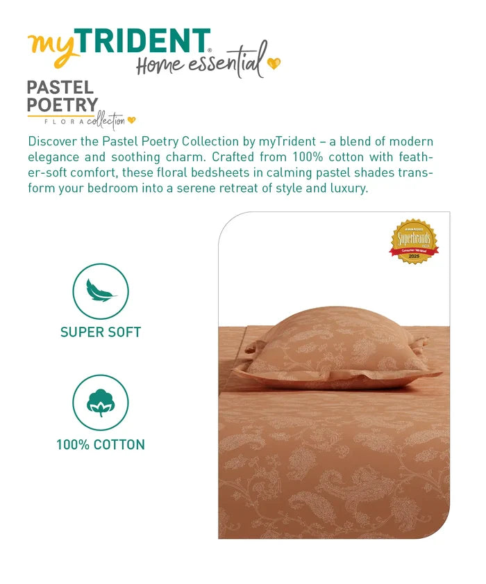 Home Essential Pastel Poetry Floral King Fitted Bedsheet, NITARA PAPAYA|144TC Cotton| 2 Pillow Covers