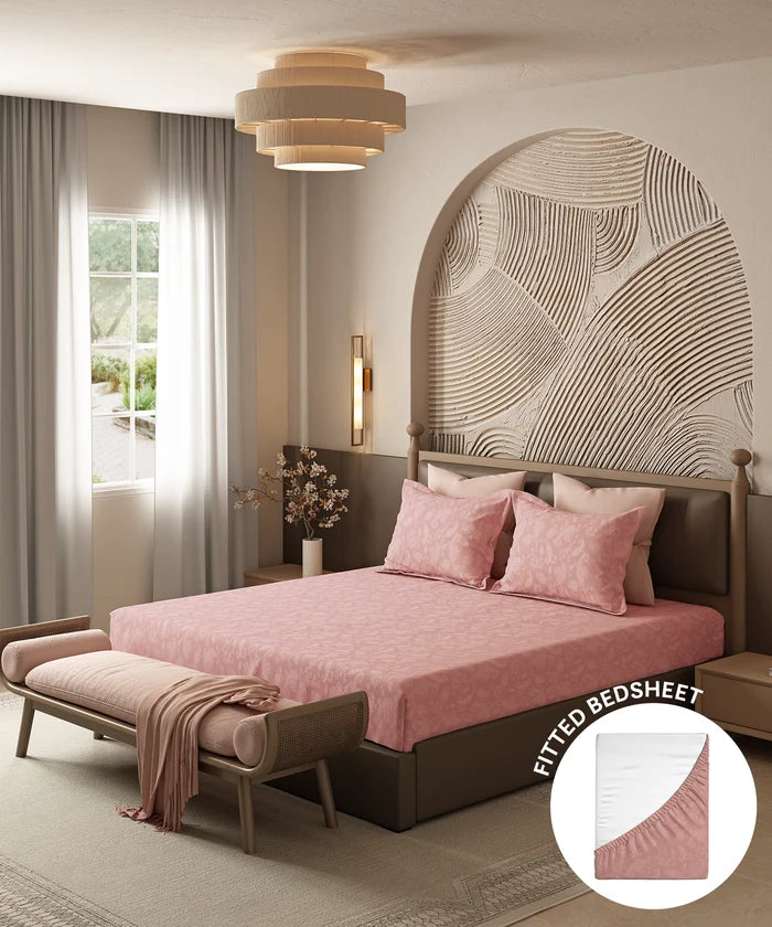Home Essential Pastel Poetry Floral King Fitted Bedsheet, NITARA PEONY|144TC Cotton| 2 Pillow Covers