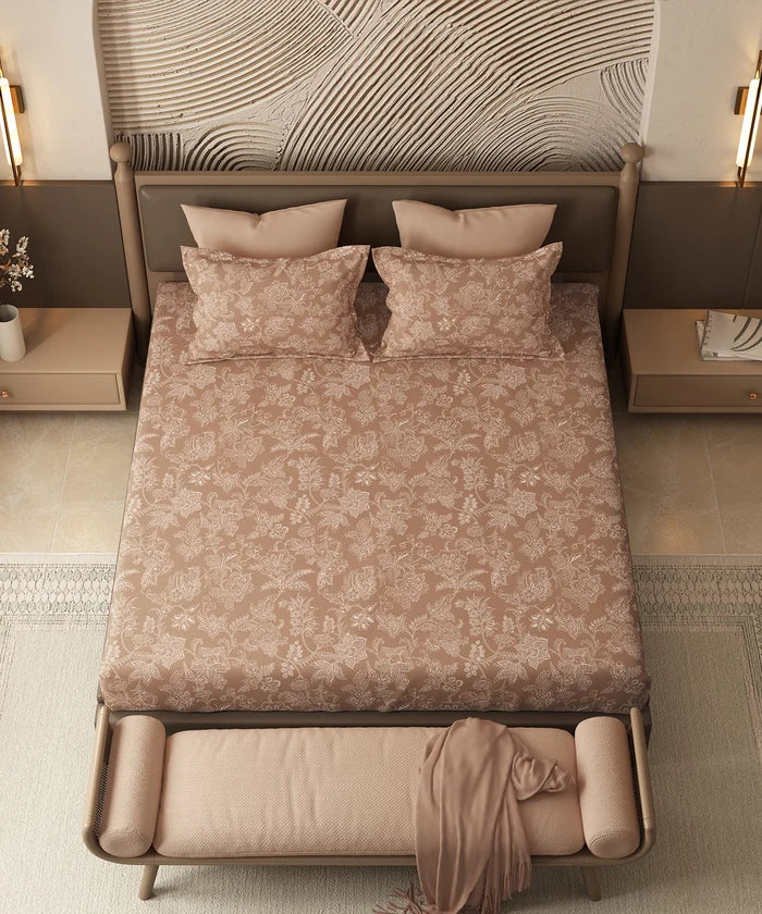 Home Essential Pastel Poetry Floral King Fitted Bedsheet,IRAJA GINGERBREAD|144TC Cotton| 2 Pillow Covers