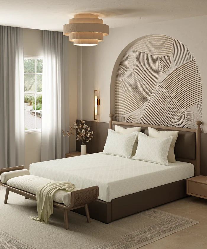 Home Essential Pastel Poetry Geo Bedsheet, Aldo Butter|144TC Cotton| 2 Pillow Covers