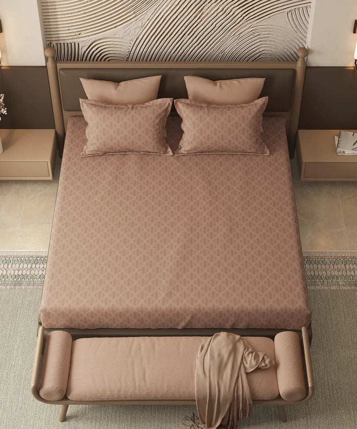 Home Essential Pastel Poetry Geo Bedsheet, Aldo Gingerbread|144TC Cotton| 2 Pillow Covers