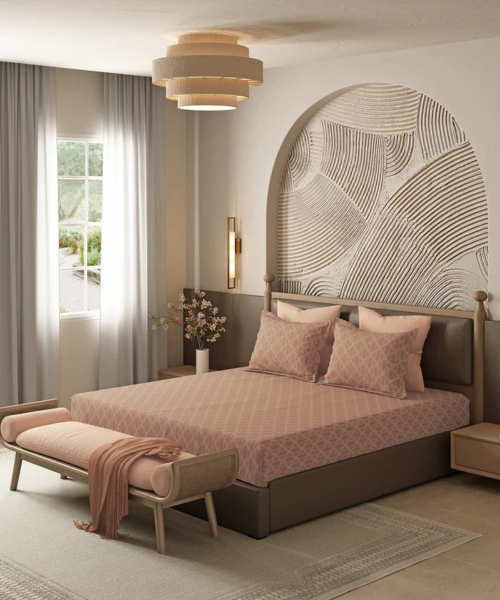 Home Essential Pastel Poetry Geo Bedsheet, Aldo Gingerbread|144TC Cotton| 2 Pillow Covers