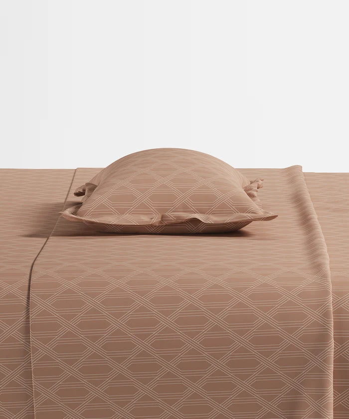Home Essential Pastel Poetry Geo Bedsheet, Aldo Gingerbread|144TC Cotton| 2 Pillow Covers