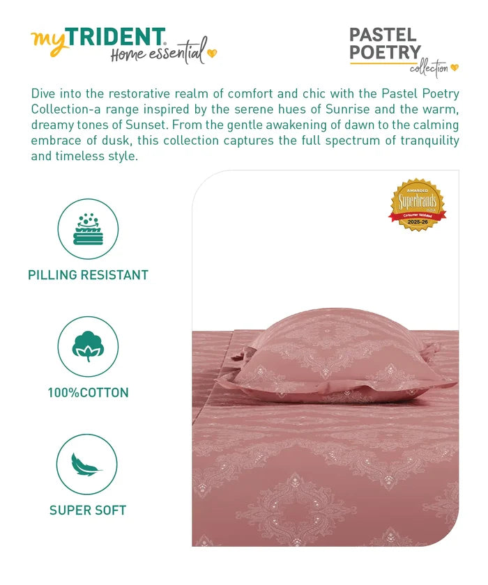 Home Essential Pastel Poetry King Bedsheet Set, Sanjh Berry|144TC Cotton| 2 Pillow Covers