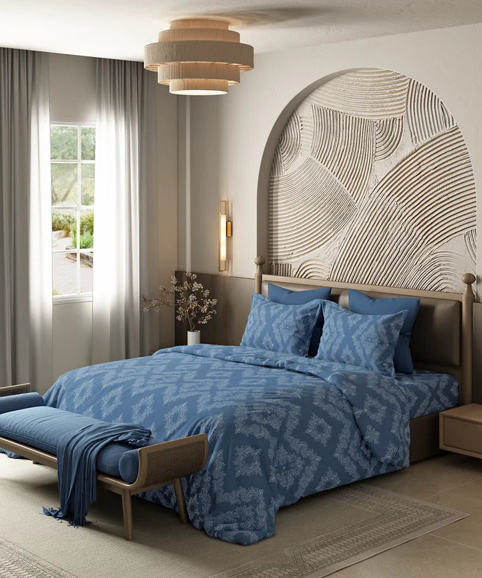 Home Essential Pastel Poetry King Bedsheet Set, Sanjh Denim|144TC Cotton| 2 Pillow Covers