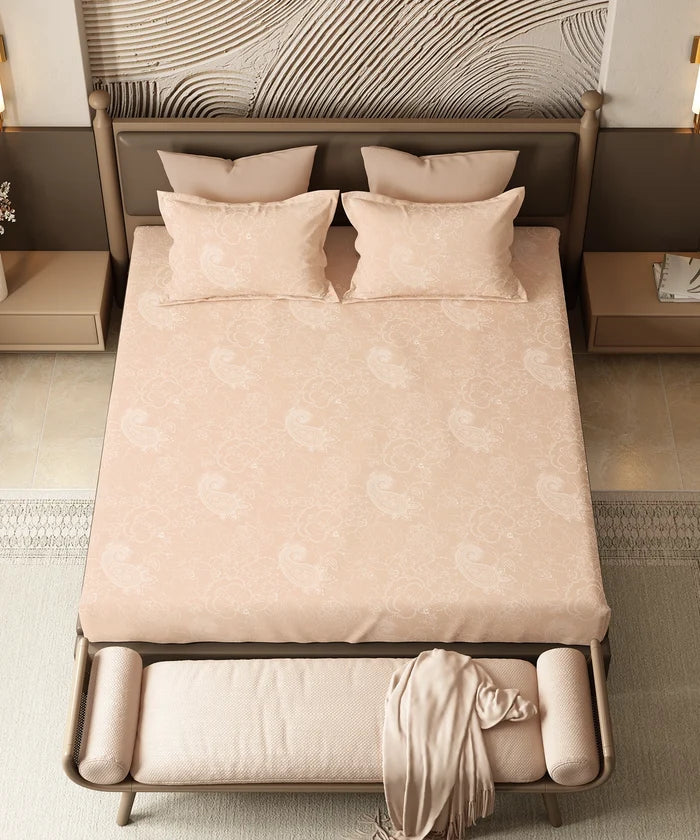 Home Essential Pastel Poetry King Fitted Bedsheet Set, Antra Salmon |144TC Cotton| 2 Pillow Covers