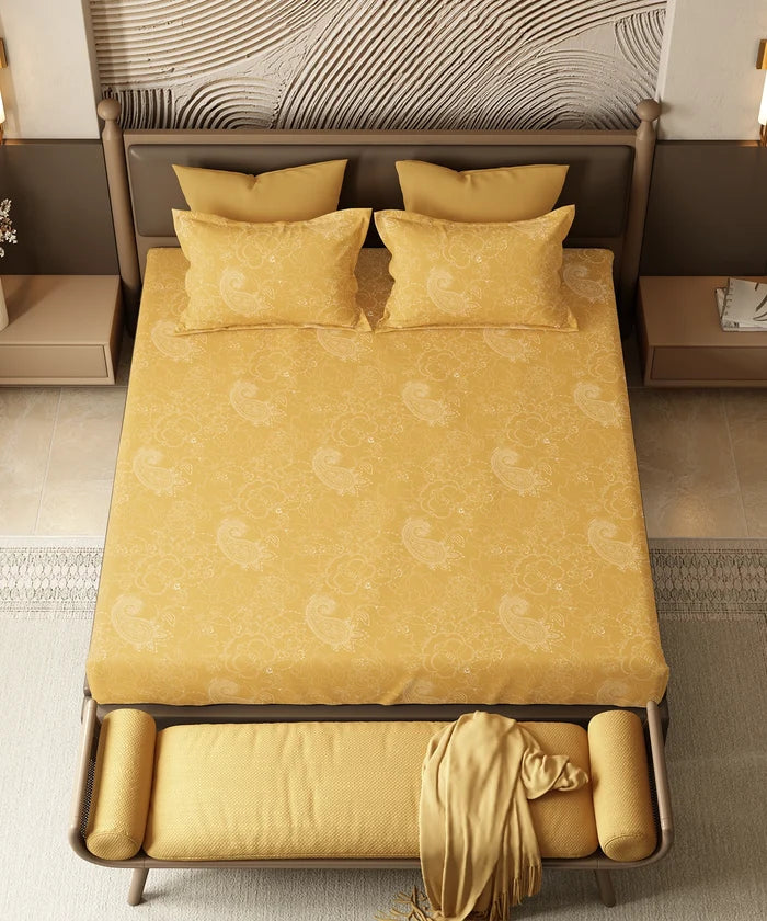 Home Essential Pastel Poetry King Fitted Bedsheet Set, Antra Sun |144TC Cotton| 2 Pillow Covers