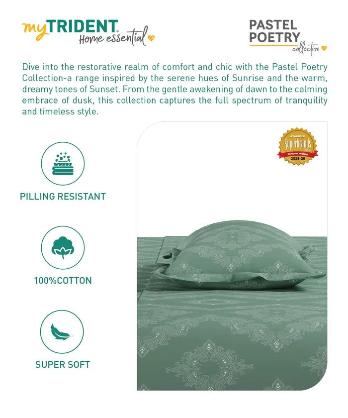 Home Essential Pastel Poetry King Fitted Bedsheet Set, Sanjh Jade|144TC Cotton| 2 Pillow Covers
