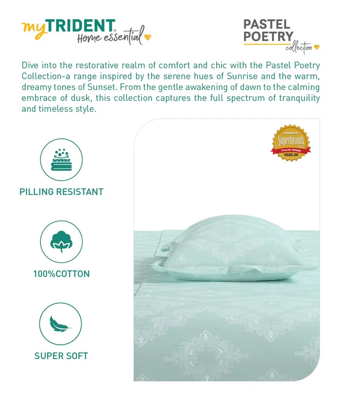 Home Essential Pastel Poetry King Fitted Bedsheet Set, Sanjh Mist|144TC Cotton| 2 Pillow Covers