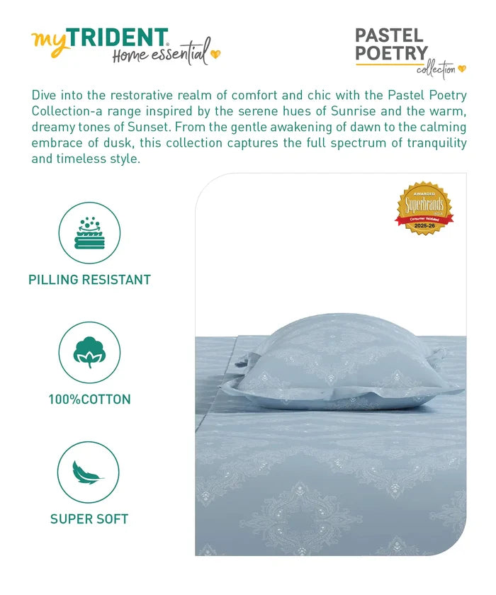 Home Essential Pastel Poetry King Fitted Bedsheet Set, Sanjh Sky|144TC Cotton| 2 Pillow Covers