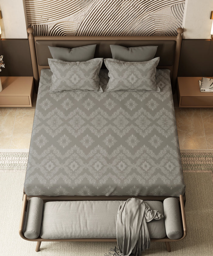 Home Essential Pastel Poetry King Fitted Bedsheet Set, Sanjh Steel|144TC Cotton| 2 Pillow Covers
