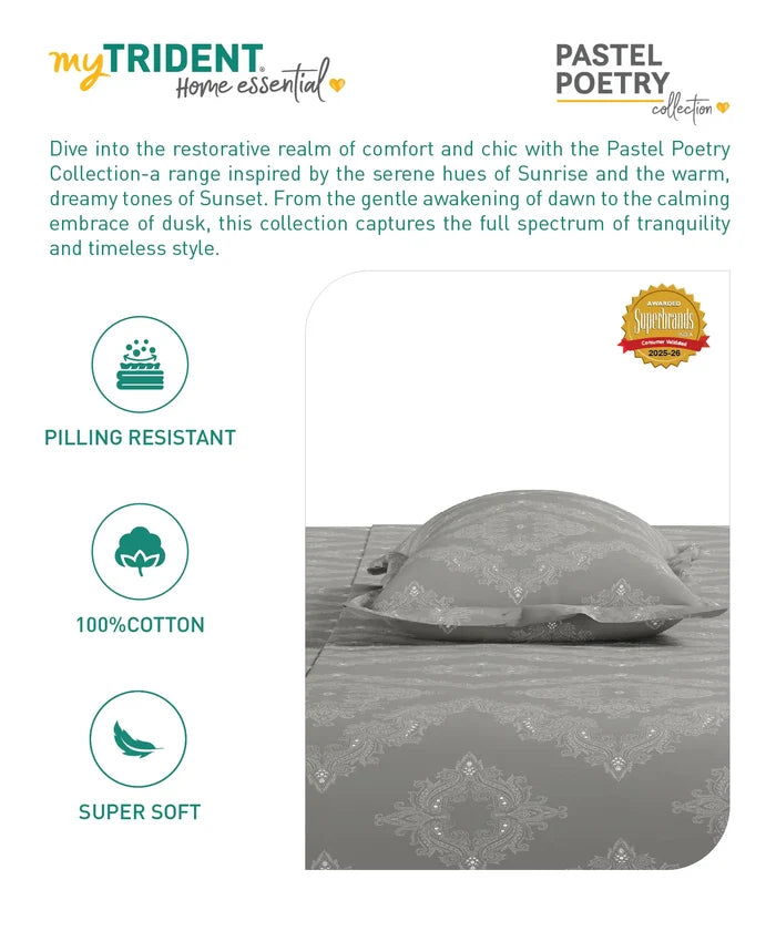 Home Essential Pastel Poetry King Fitted Bedsheet Set, Sanjh Steel|144TC Cotton| 2 Pillow Covers