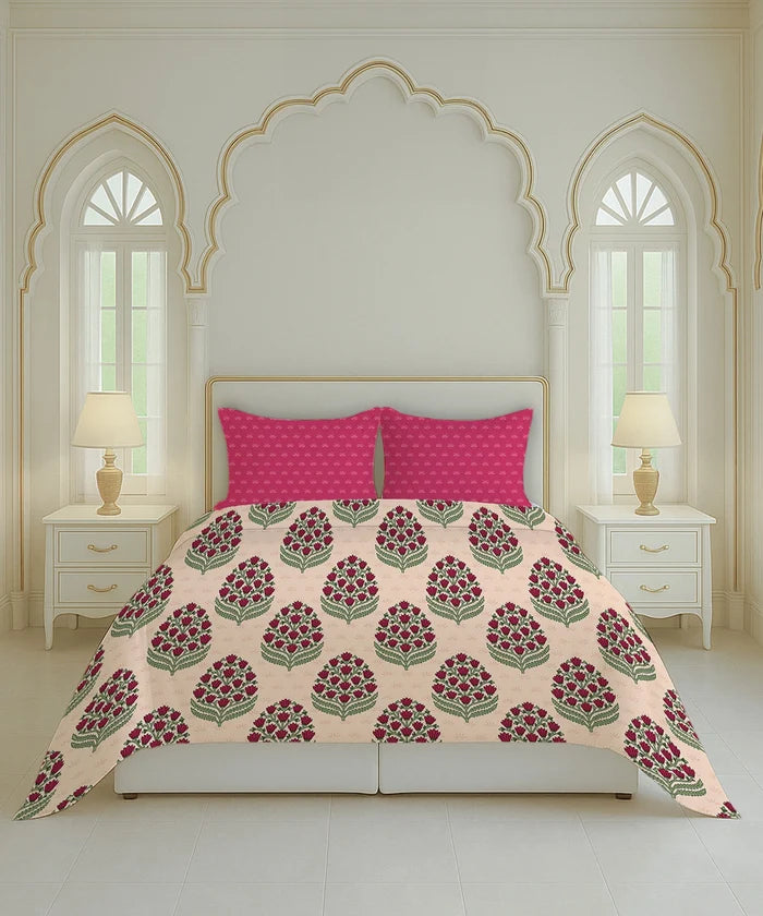 Home Essential Royal Bloom Queen Bedsheet Set, Dhalia Pink| 144TC Cotton| 2 Pillow Covers