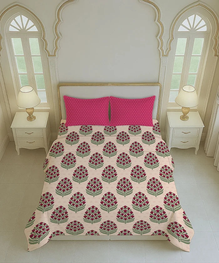 Home Essential Royal Bloom Queen Bedsheet Set, Dhalia Pink| 144TC Cotton| 2 Pillow Covers