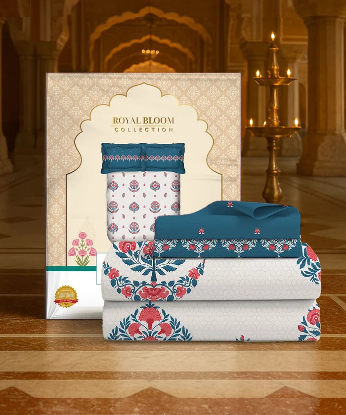Home Essential Royal Bloom Queen Bedsheet Set, Lindon Blue| 144TC Cotton| 2 Pillow Covers