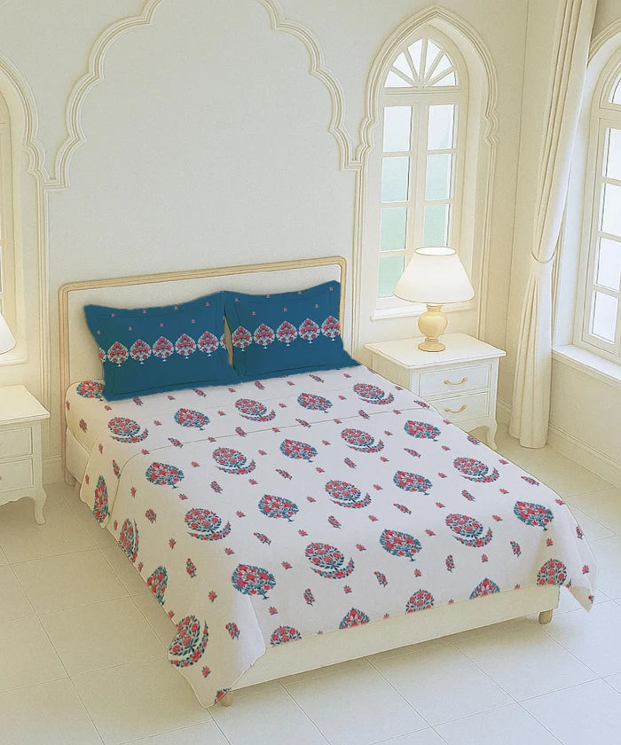 Home Essential Royal Bloom Queen Bedsheet Set, Lindon Blue| 144TC Cotton| 2 Pillow Covers