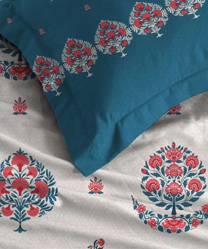 Home Essential Royal Bloom Queen Bedsheet Set, Lindon Blue| 144TC Cotton| 2 Pillow Covers