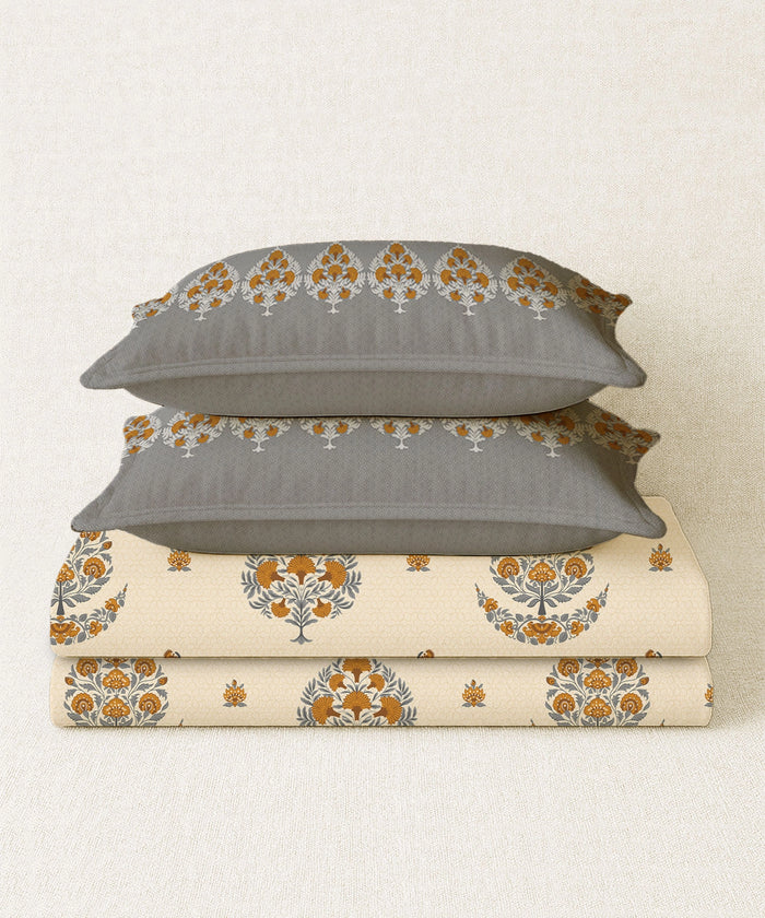 Home Essential Royal Bloom Queen Bedsheet Set, Lindon Grey| 144TC Cotton| 2 Pillow Covers