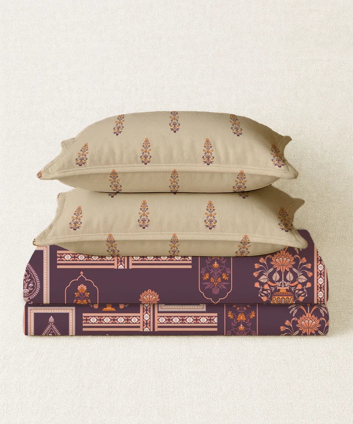 Home Essential Royal Bloom Queen Bedsheet Set, Mirabella Coral | 144TC Cotton| 2 Pillow Covers