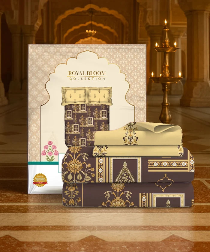 Home Essential Royal Bloom Queen Bedsheet Set, Mirabella Ochre | 144TC Cotton| 2 Pillow Covers