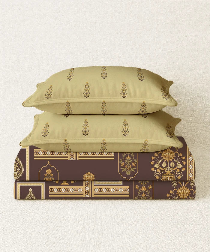 Home Essential Royal Bloom Queen Bedsheet Set, Mirabella Ochre | 144TC Cotton| 2 Pillow Covers