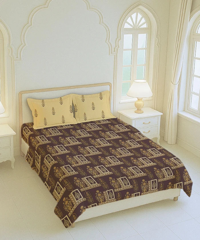 Home Essential Royal Bloom Queen Bedsheet Set, Mirabella Ochre | 144TC Cotton| 2 Pillow Covers