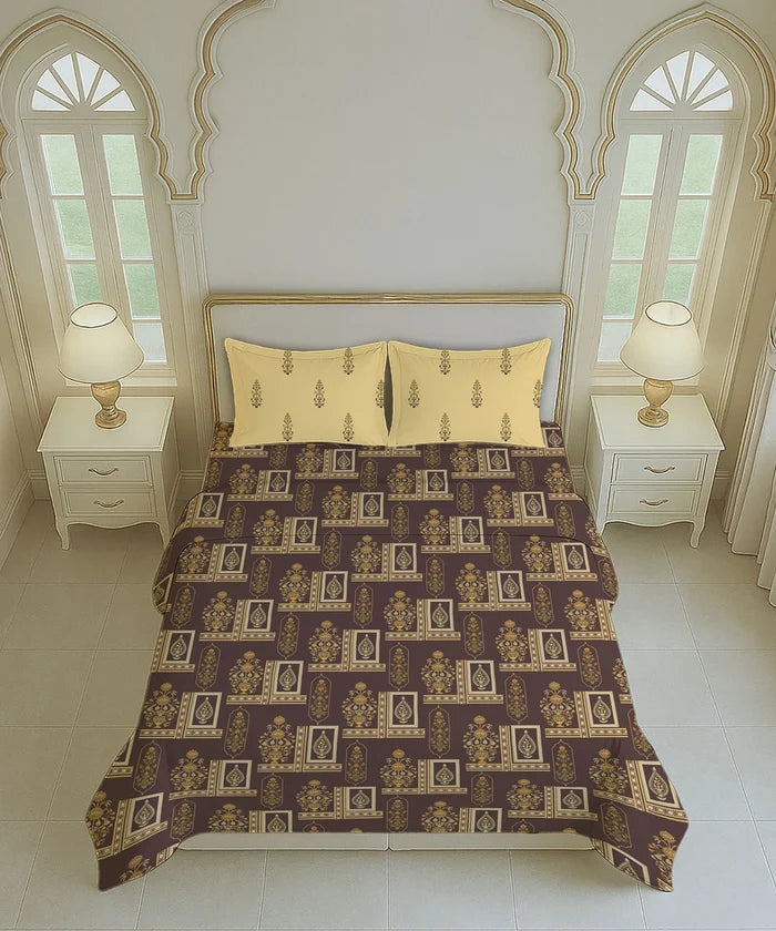 Home Essential Royal Bloom Queen Bedsheet Set, Mirabella Ochre | 144TC Cotton| 2 Pillow Covers