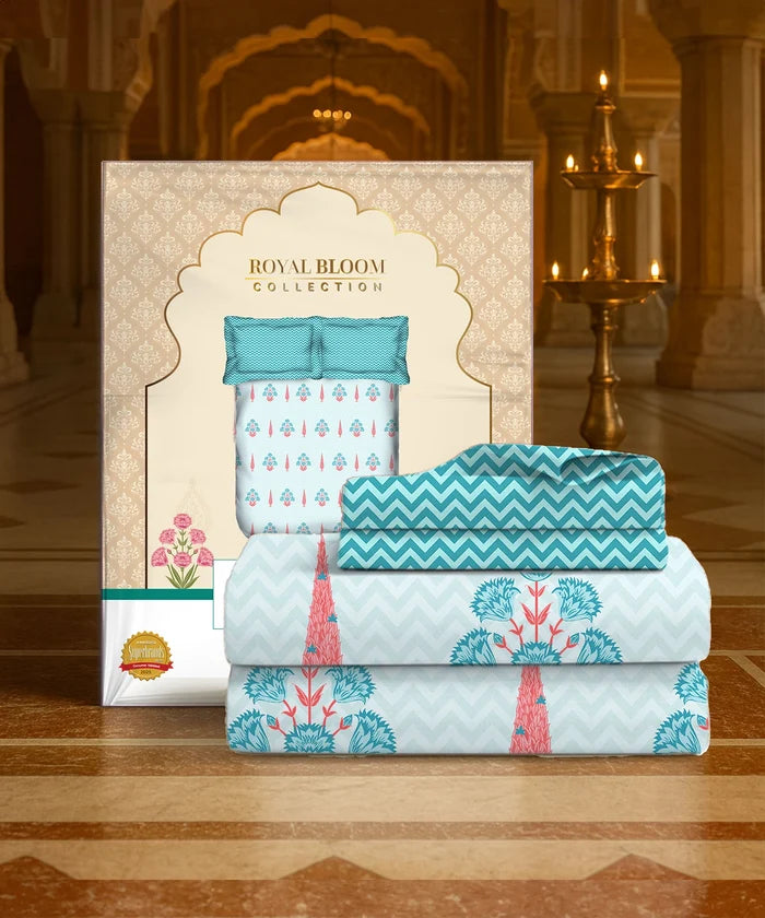 Home Essential Royal Bloom Queen Bedsheet Set, Raya Blue| 144TC Cotton| 2 Pillow Covers