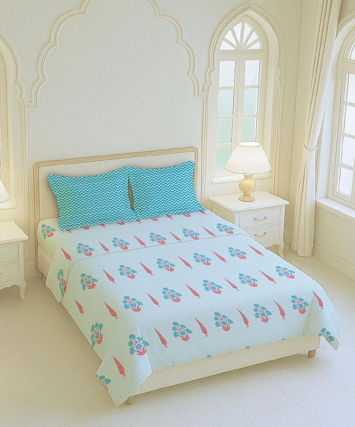 Home Essential Royal Bloom Queen Bedsheet Set, Raya Blue| 144TC Cotton| 2 Pillow Covers