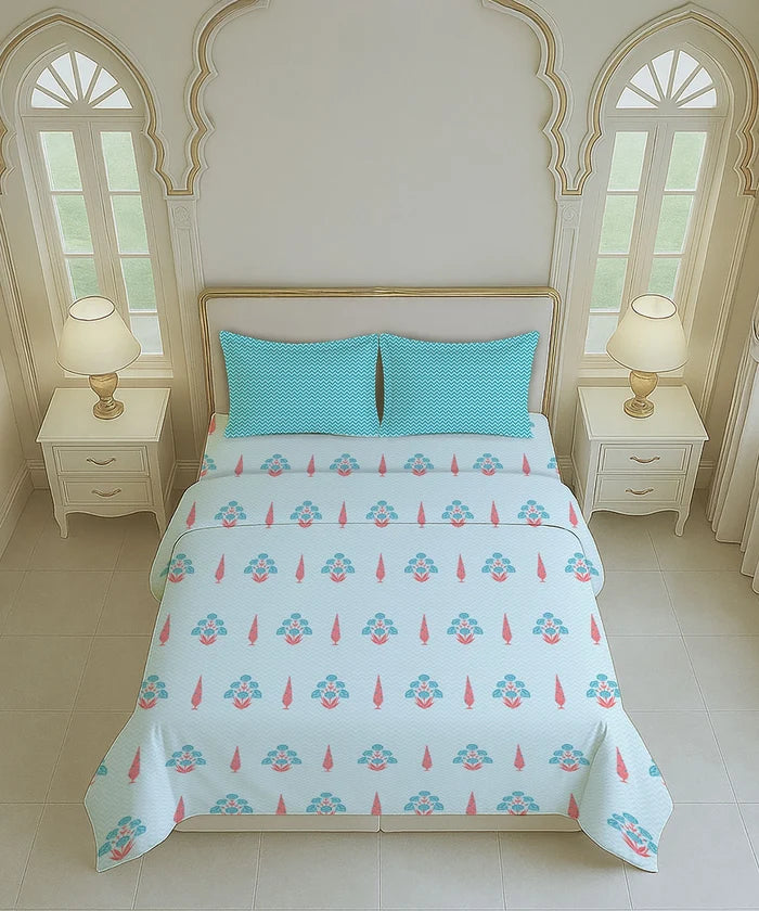 Home Essential Royal Bloom Queen Bedsheet Set, Raya Blue| 144TC Cotton| 2 Pillow Covers
