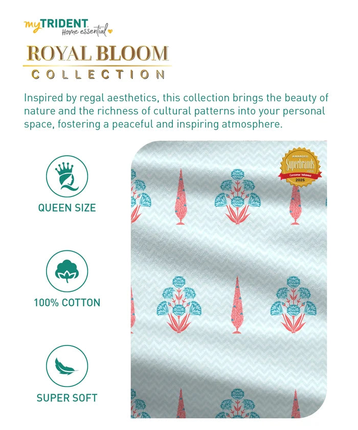 Home Essential Royal Bloom Queen Bedsheet Set, Raya Blue| 144TC Cotton| 2 Pillow Covers