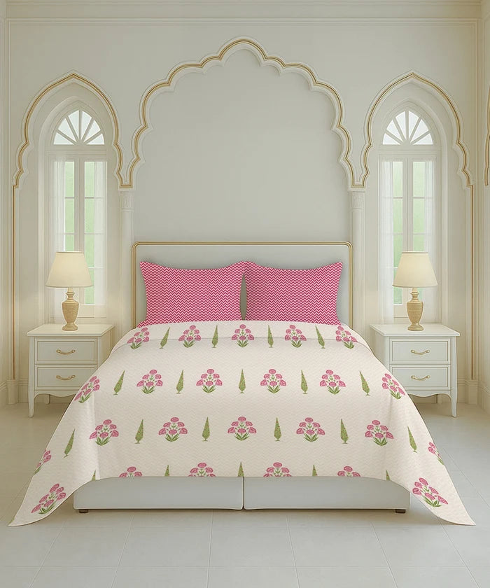 Home Essential Royal Bloom Queen Bedsheet Set, Raya Pink| 144TC Cotton| 2 Pillow Covers