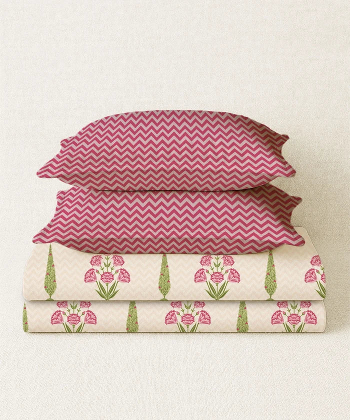 Home Essential Royal Bloom Queen Bedsheet Set, Raya Pink| 144TC Cotton| 2 Pillow Covers